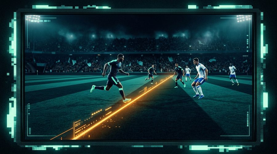 Garis digital amber melintang di atas lapangan bola bergaris gelap dalam bingkai layar berpiksel