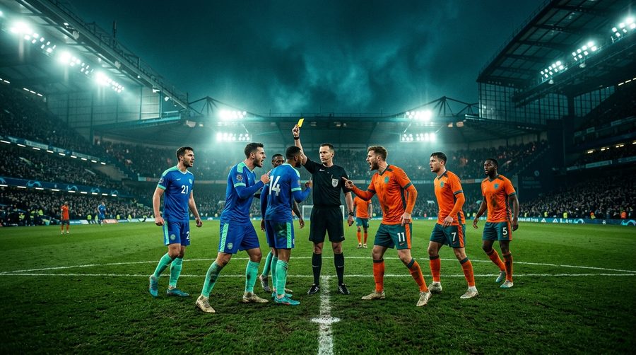 Pemain sepak bola mengelilingi wasit di sekitar titik penalti di bawah lampu stadion malam