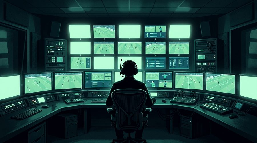 Ruang kendali asisten wasit video dengan deretan monitor menyala kehijauan di ruangan gelap