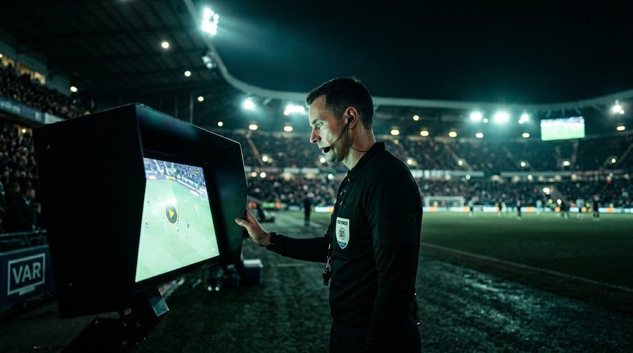 Wasit sepak bola meninjau monitor di pinggir lapangan dengan cahaya layar menyorot wajahnya