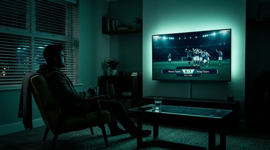 Siluet penonton bola sendirian di ruangan gelap menatap layar pertandingan yang masih menyala redup